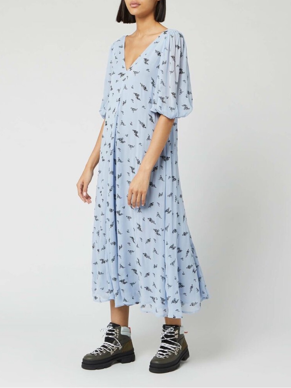 Ganni Light Blue Floral Georgette Maxi Dress Brunnera Blue